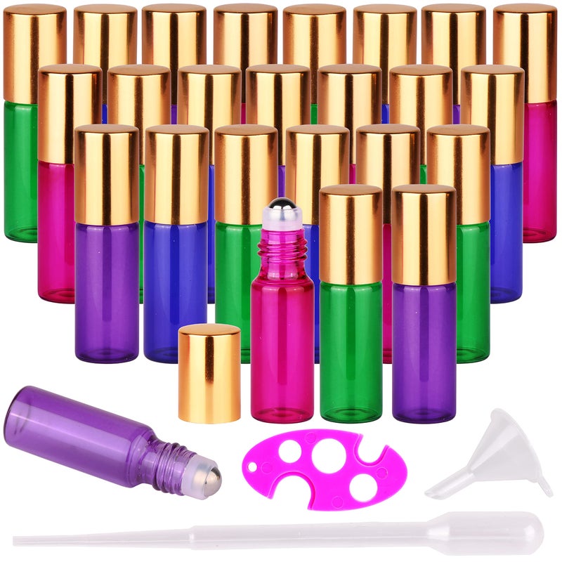 MaxMau 24 Pack Essential Oils Roller Bottles,5ml Colourful Roll On Bottles Steel Roller Balls Metal Cap for Aromatherapy Perfume - Image 1